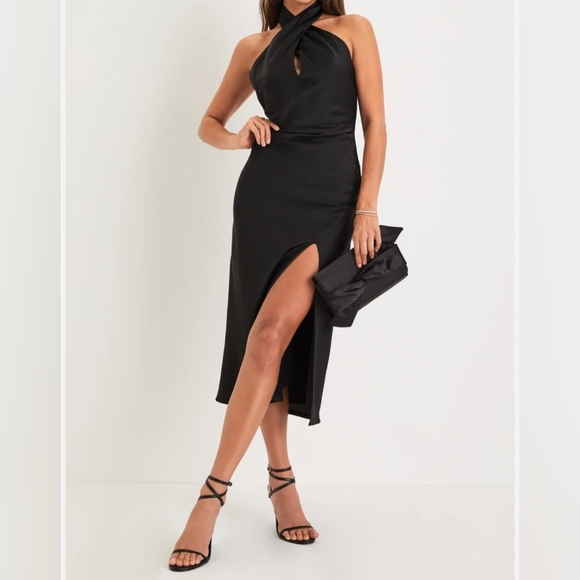 LULU'S BLACK SATIN HALTER MIDI DRESS SIZE MEDIUM - Picture 1 of 8